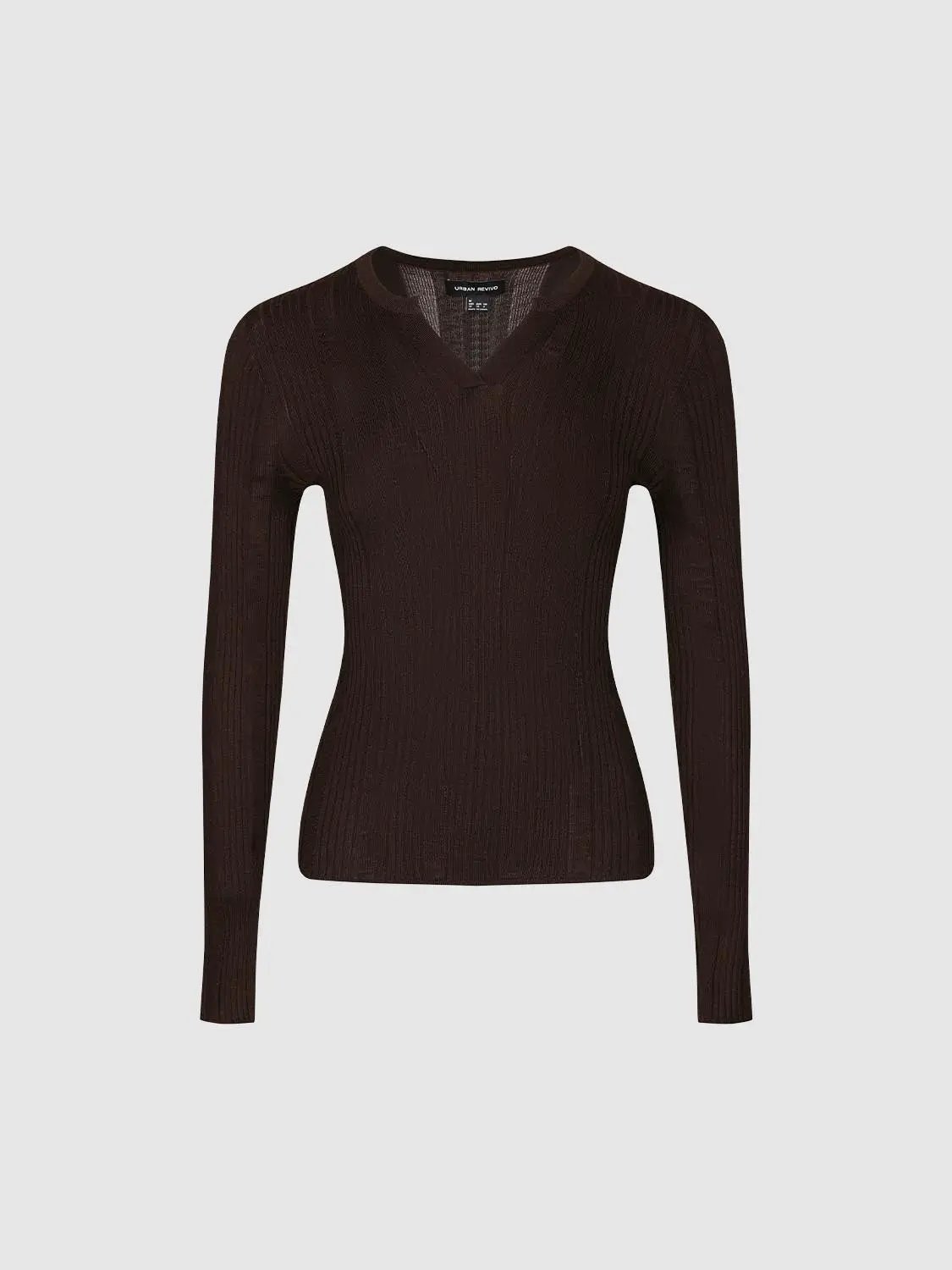 Fitted Textured Knit V-neck Long Sleeve Pullover