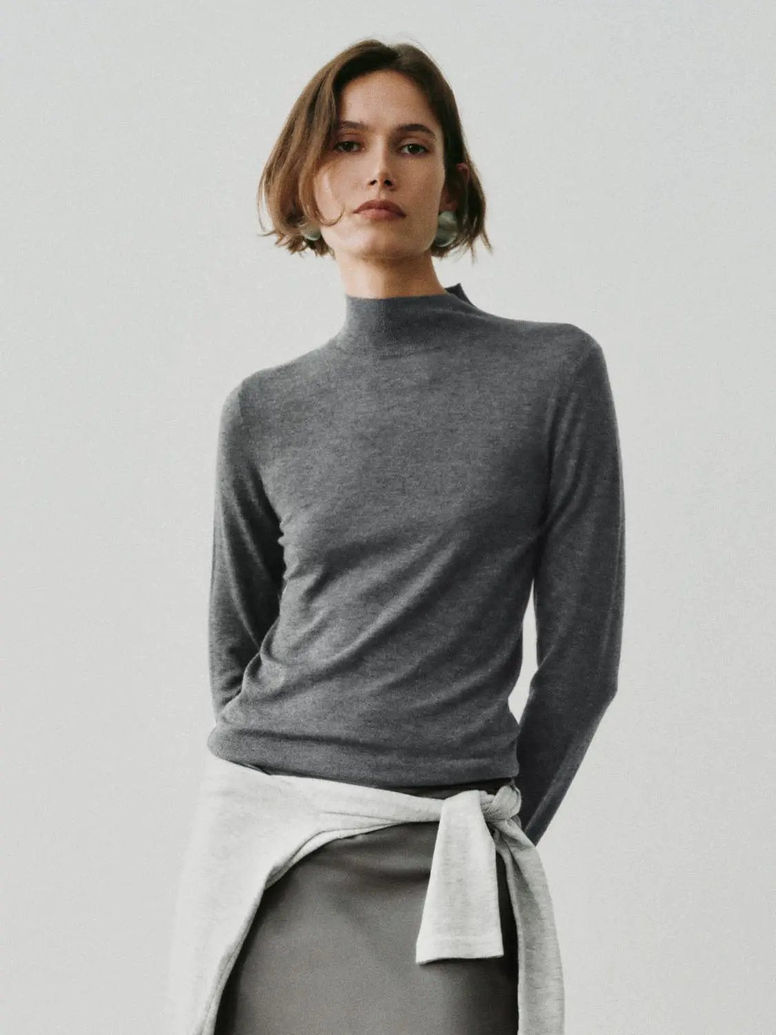 Heather Mock Neck Long Sleeve Knit T-Shirt
