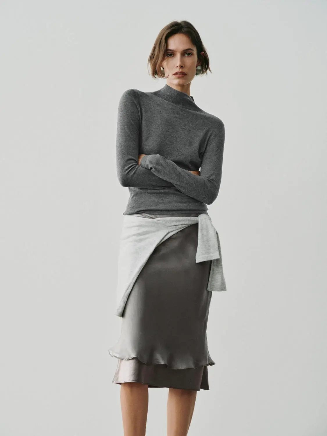 Heather Mock Neck Long Sleeve Knit T-Shirt
