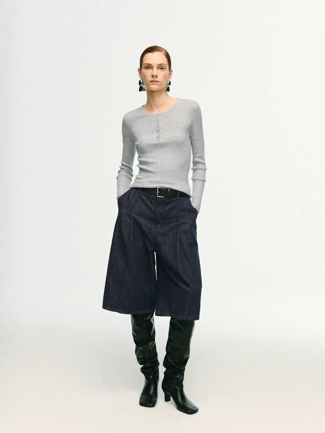 Slim Ribbed Button Front Long Sleeve T-Shirt