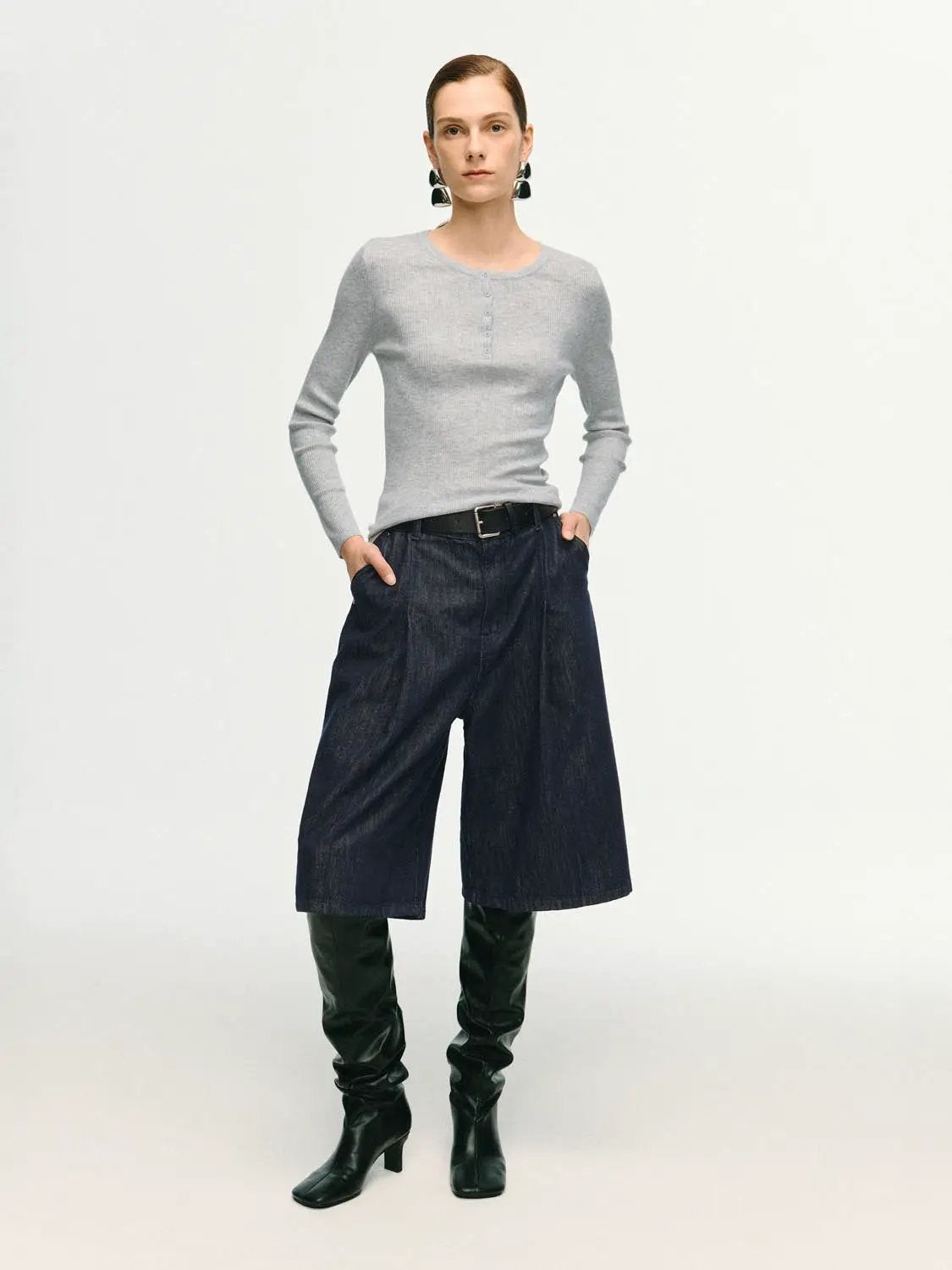 Slim Ribbed Button Front Long Sleeve T-Shirt