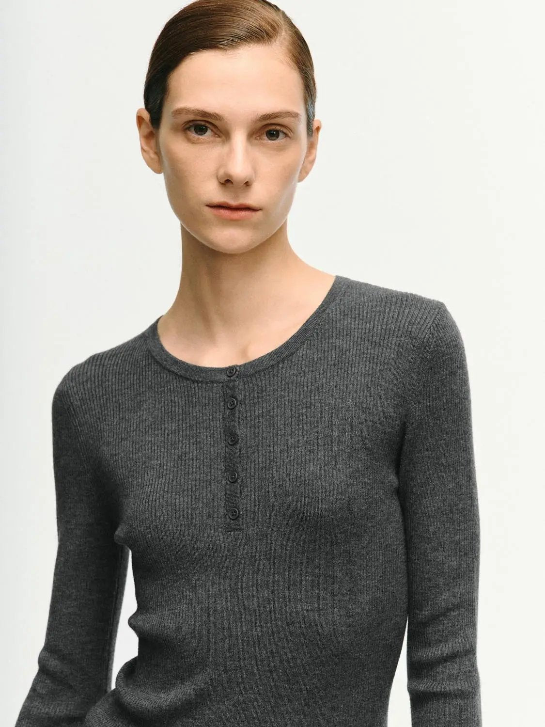 Slim Ribbed Button Front Long Sleeve T-Shirt