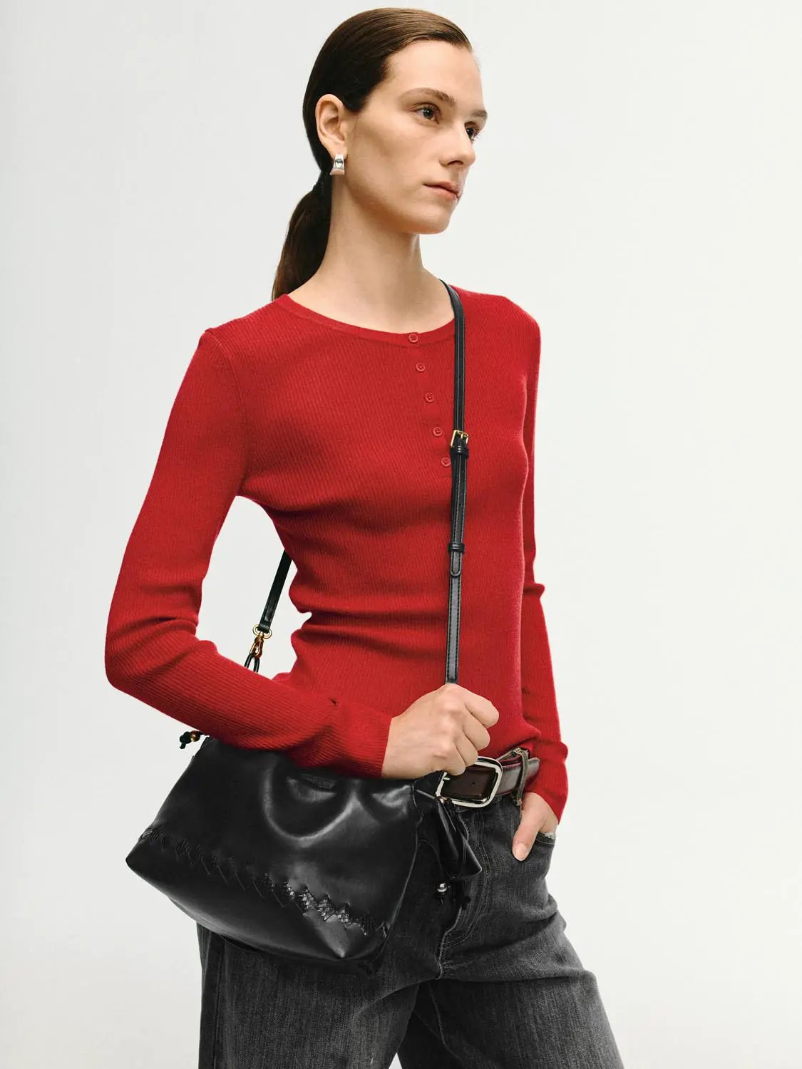 Slim Ribbed Button Front Long Sleeve T-Shirt