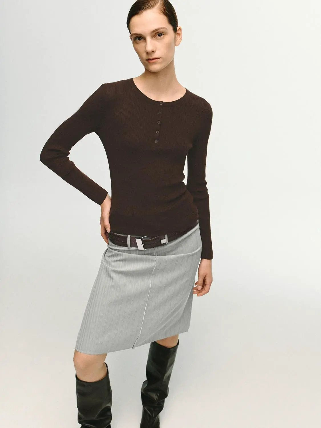 Slim Ribbed Button Front Long Sleeve T-Shirt