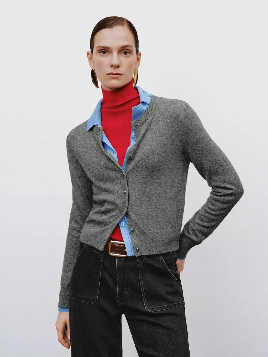 Ribbed Button Front Crew Neck Long Sleeve Cardigan