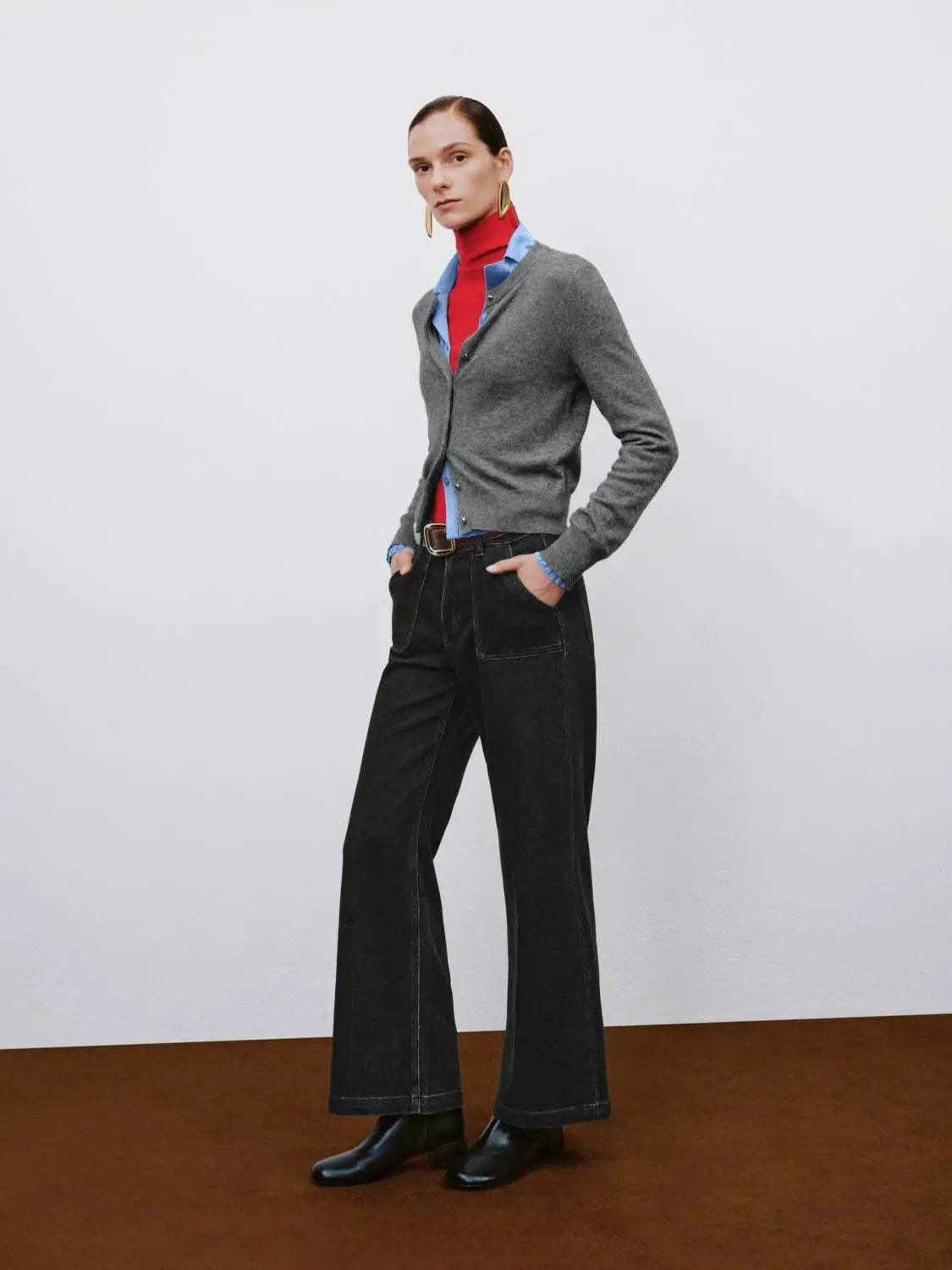 Ribbed Button Front Crew Neck Long Sleeve Cardigan