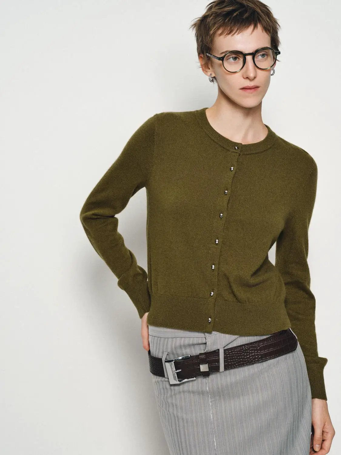 Ribbed Button Front Crew Neck Long Sleeve Cardigan