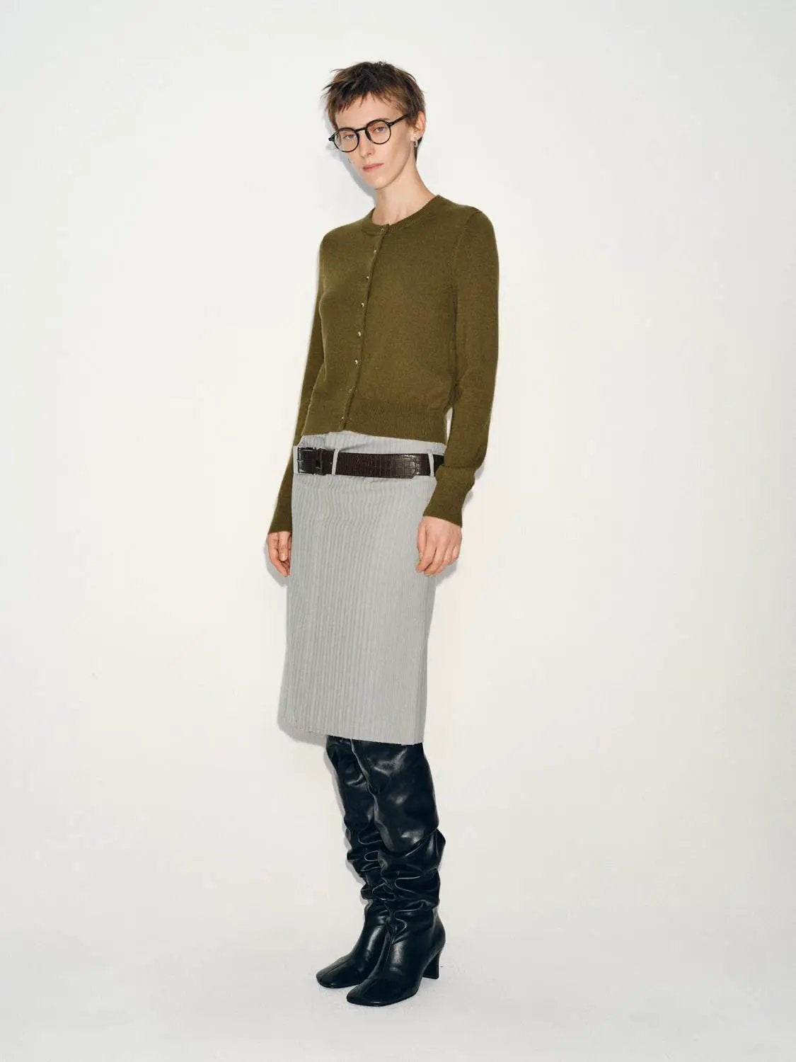 Ribbed Button Front Crew Neck Long Sleeve Cardigan
