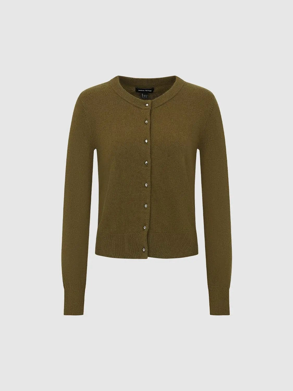 Ribbed Button Front Crew Neck Long Sleeve Cardigan