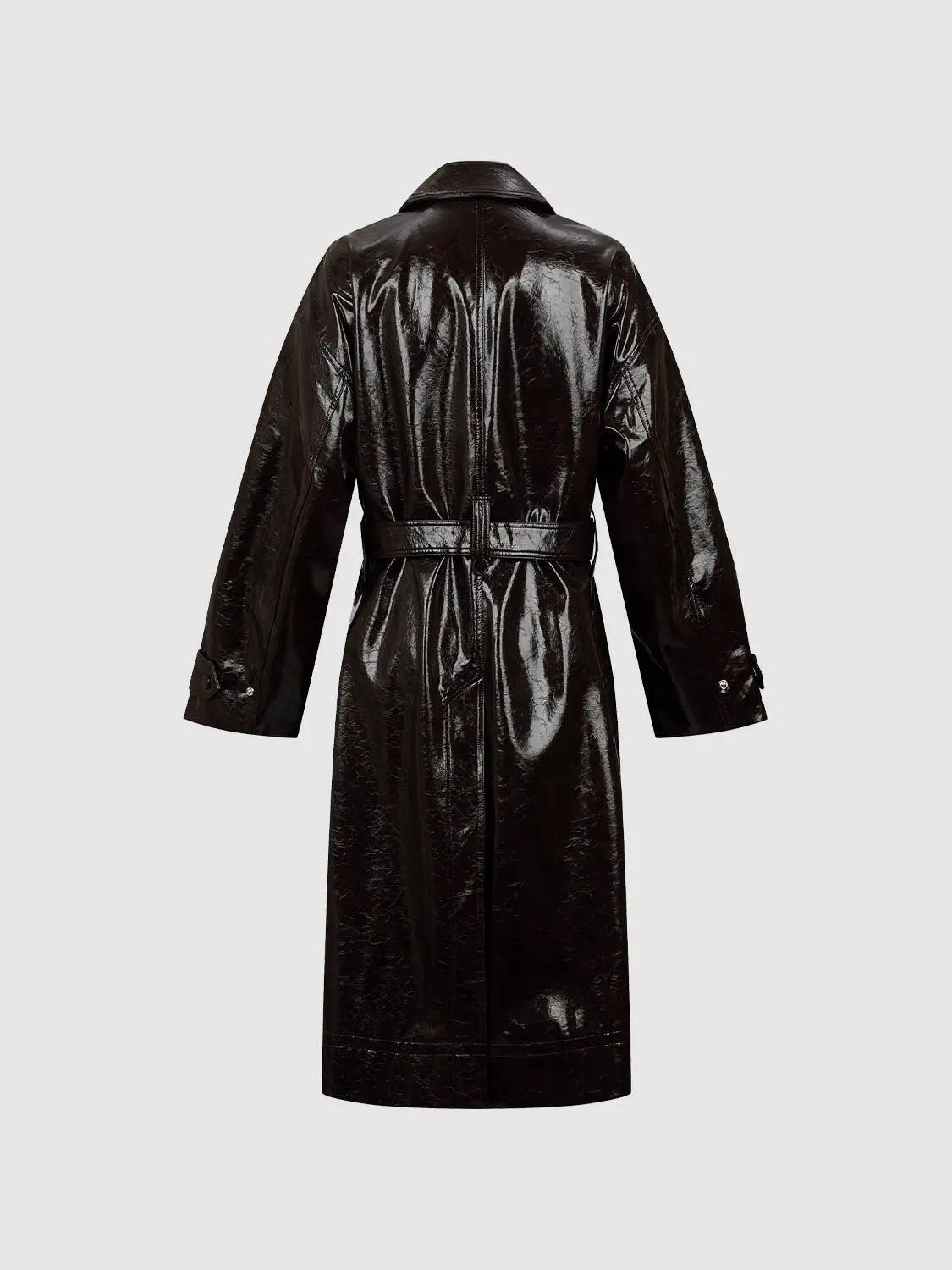 Glossy Shirt Collar Long Sleeve Belted Trench Coat