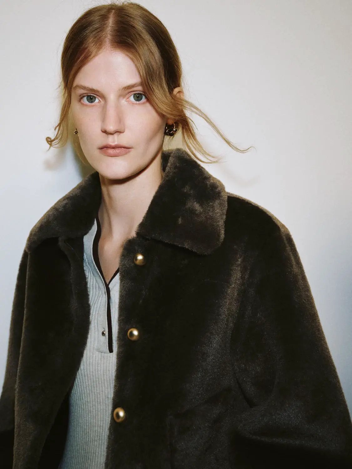 Faux Fur Notched Collar Long Sleeve Button Front Jacket