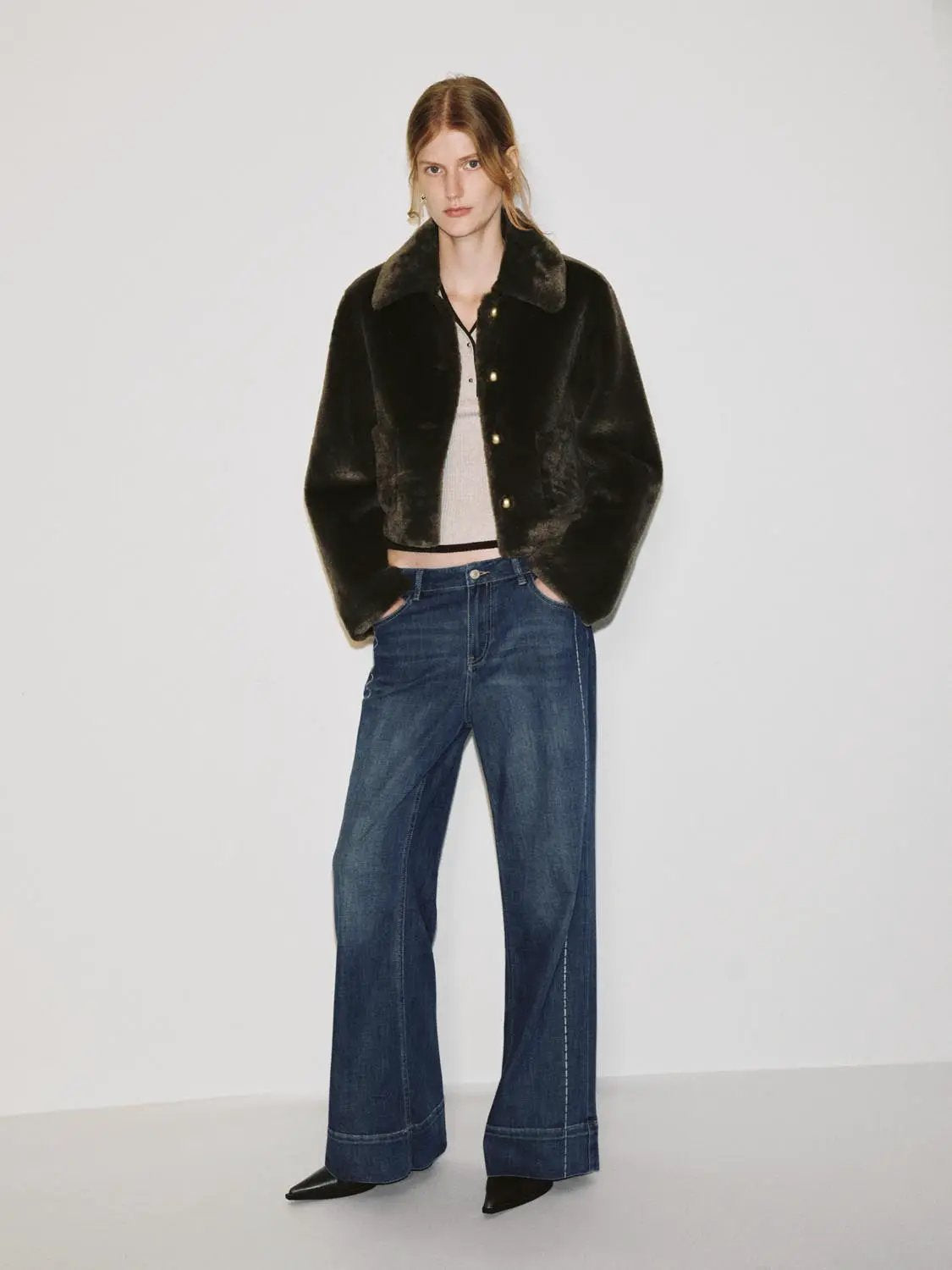 Faux Fur Notched Collar Long Sleeve Button Front Jacket