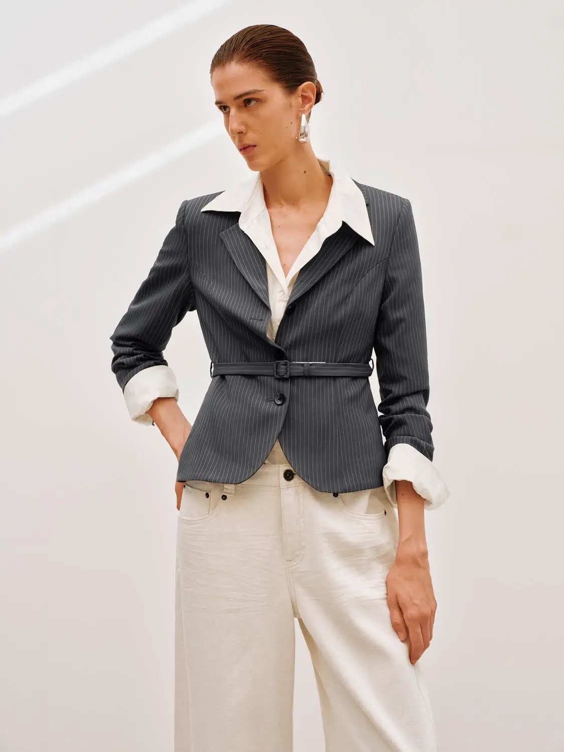 Pinstriped Belted Structured Tailored Blazer