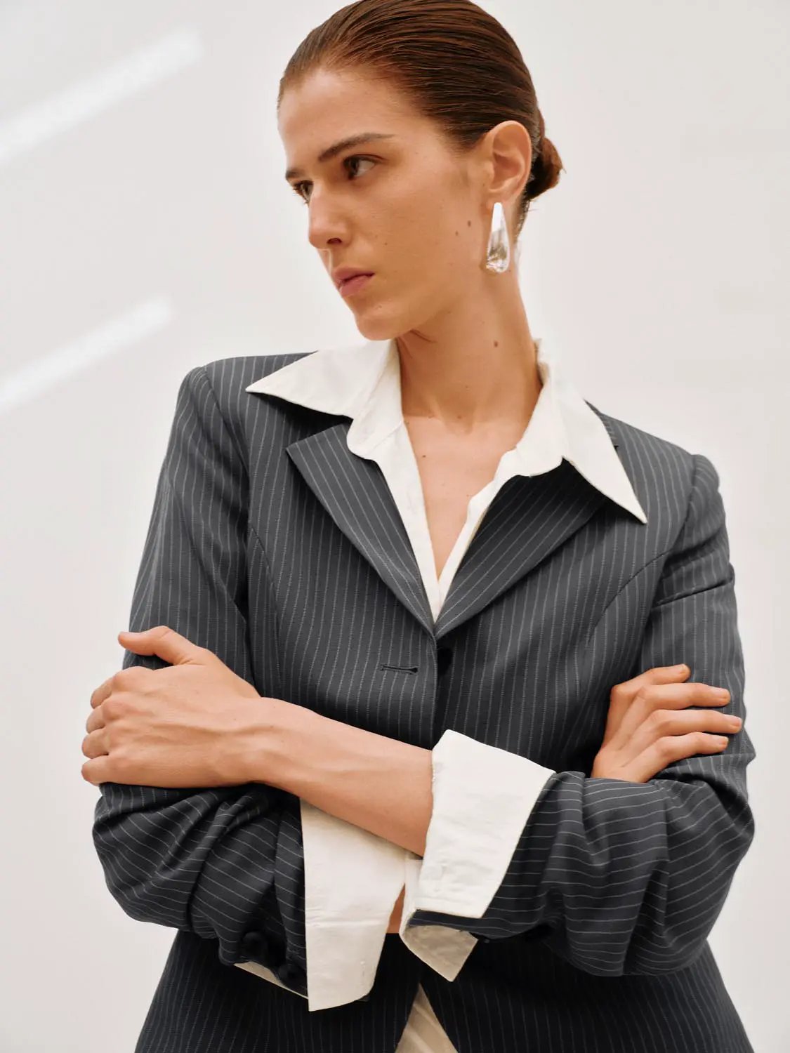 Pinstriped Belted Structured Tailored Blazer