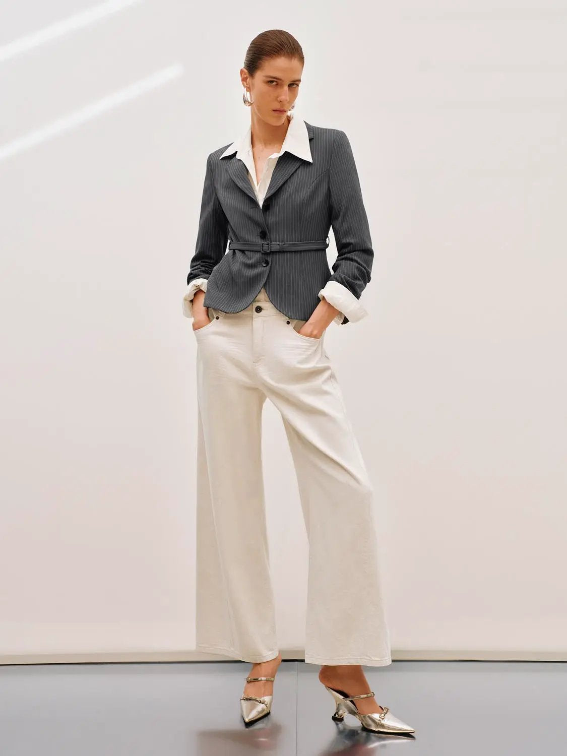 Pinstriped Belted Structured Tailored Blazer