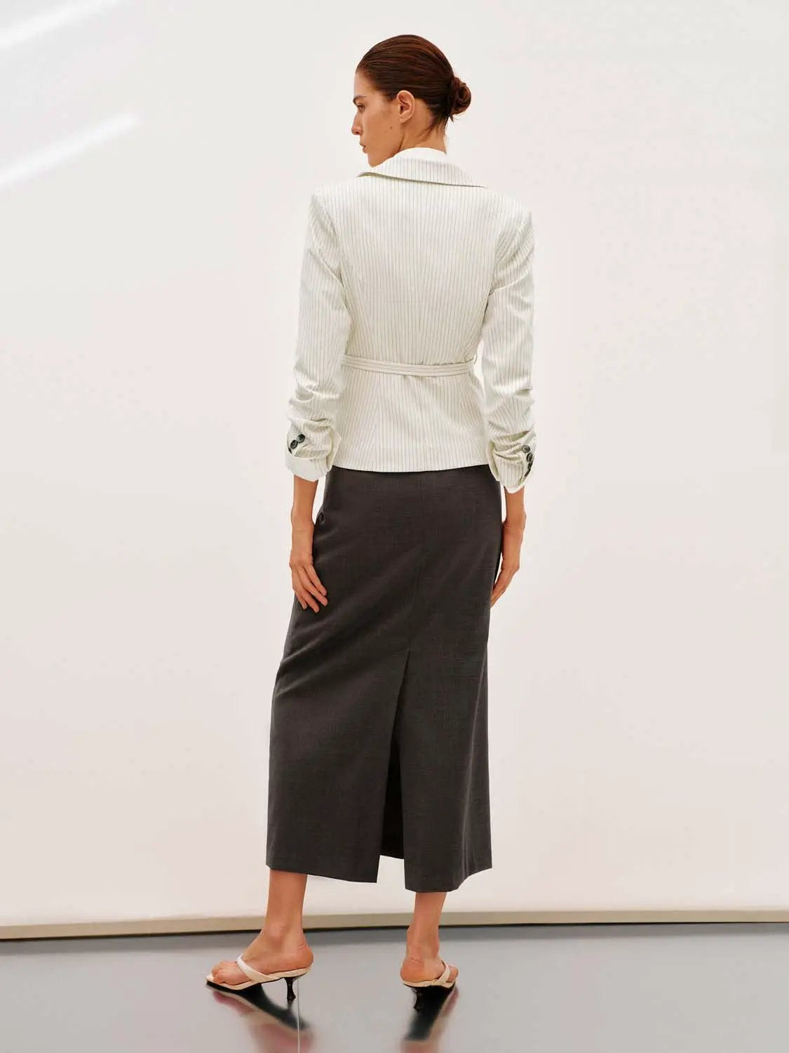 Pinstriped Belted Structured Tailored Blazer