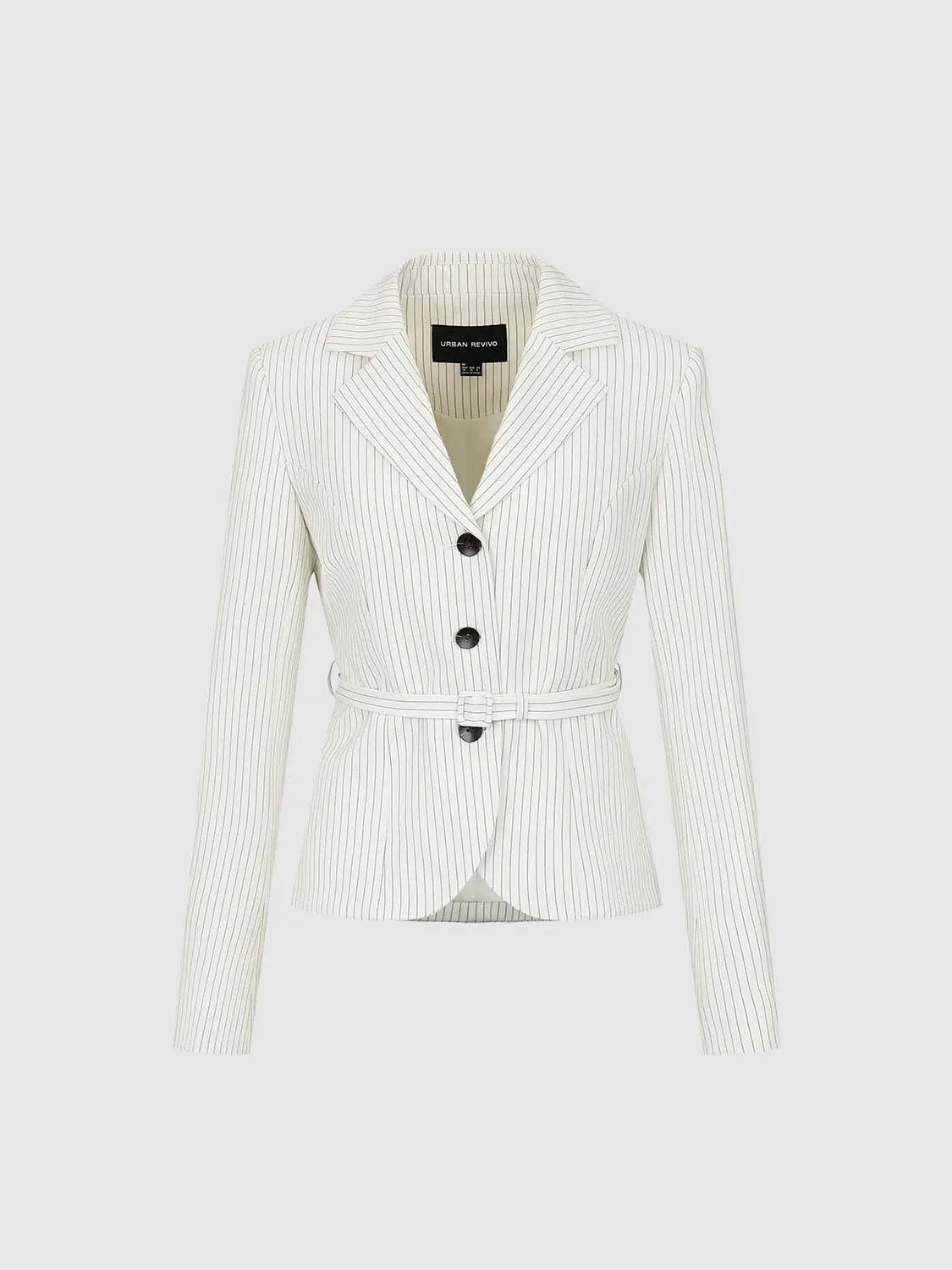 Pinstriped Belted Structured Tailored Blazer