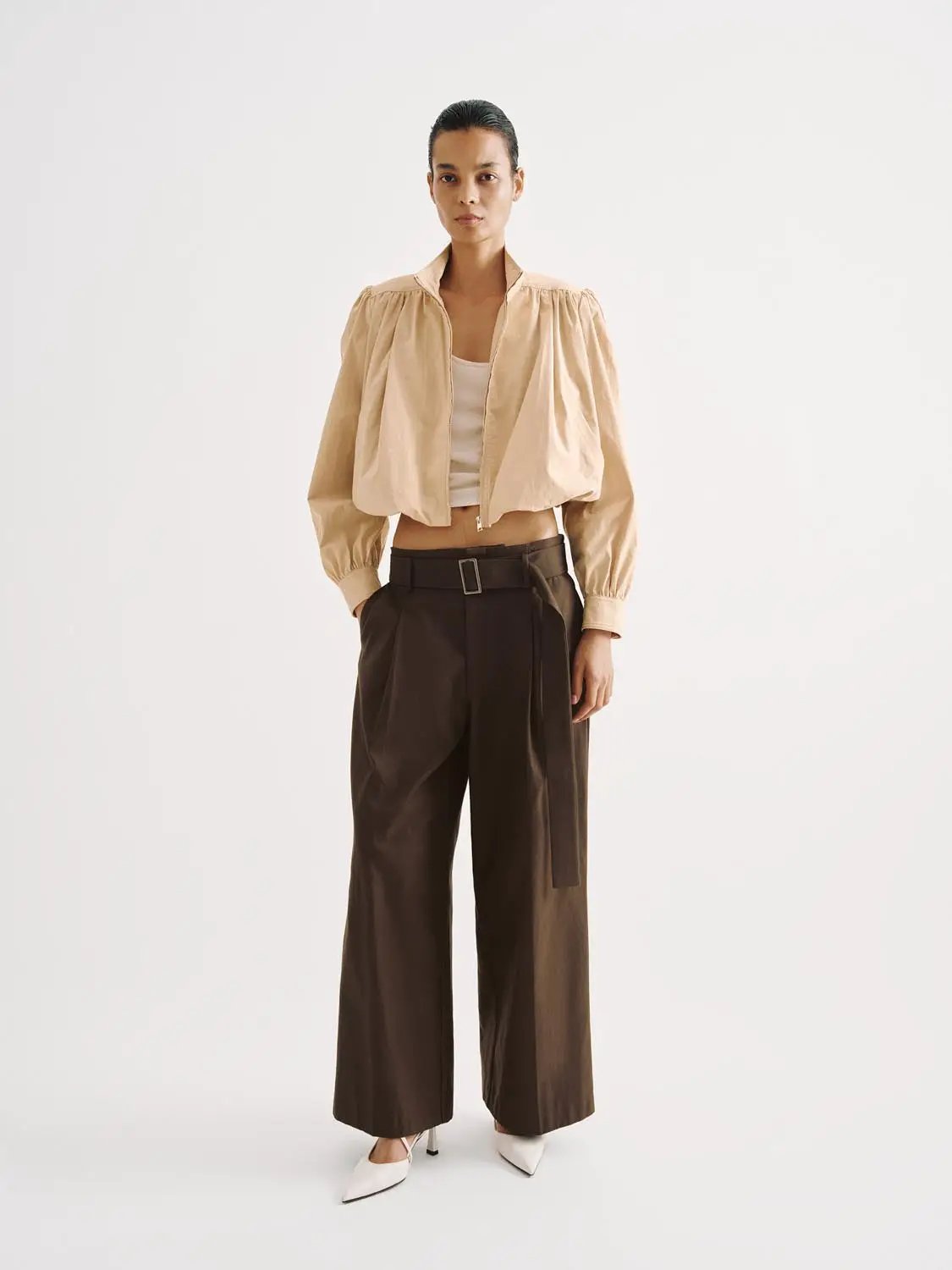 Cropped Puff Sleeve Zip Front Cotton Jacket
