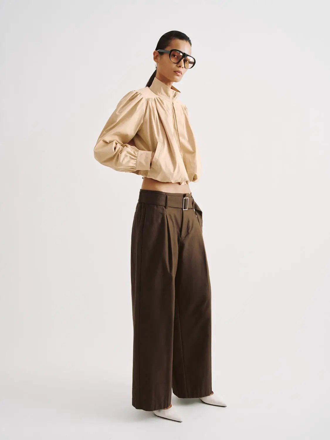 Cropped Puff Sleeve Zip Front Cotton Jacket