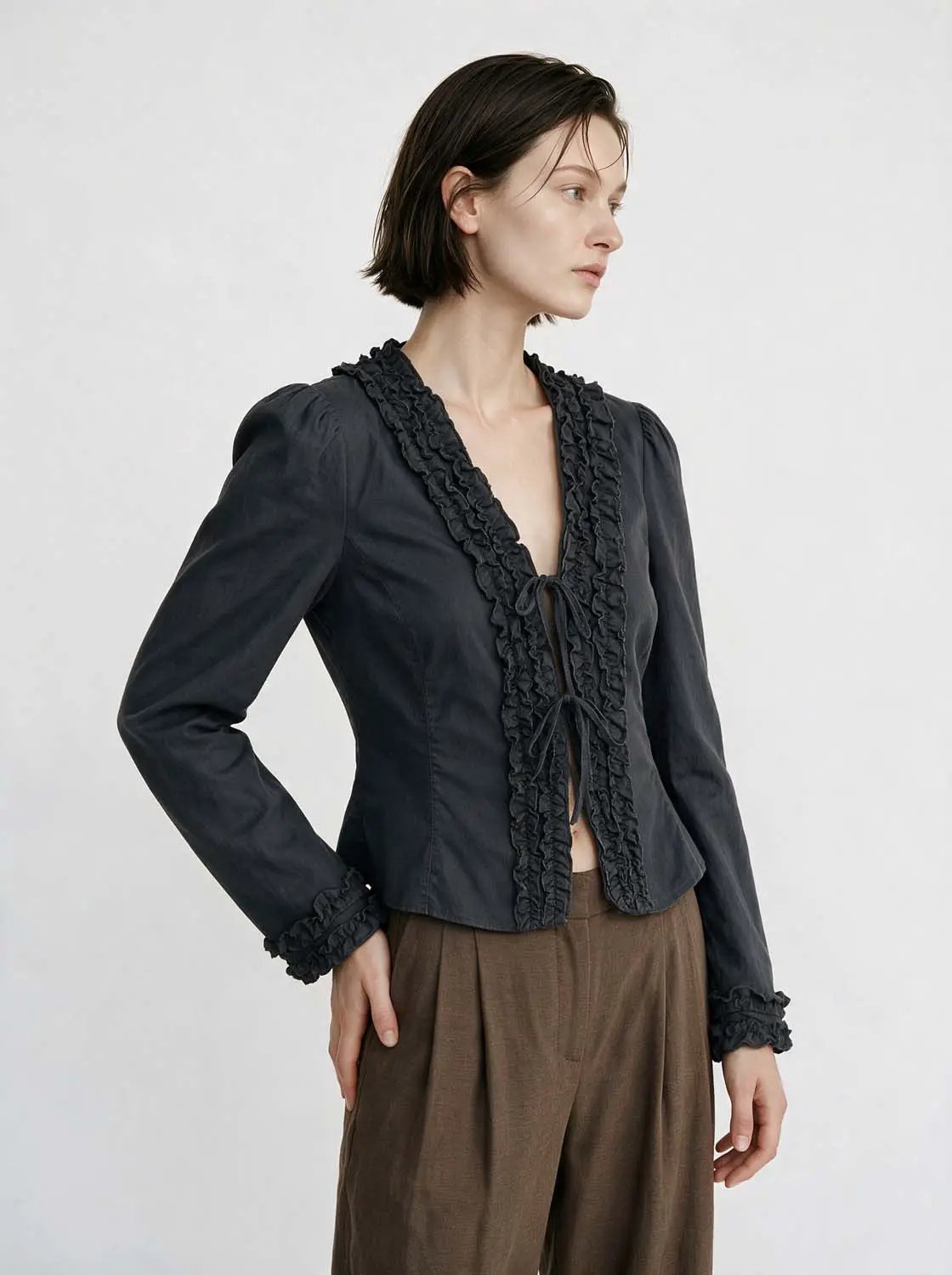 Ruffled Cotton V-neck Tie Front Long Sleeve Jacket