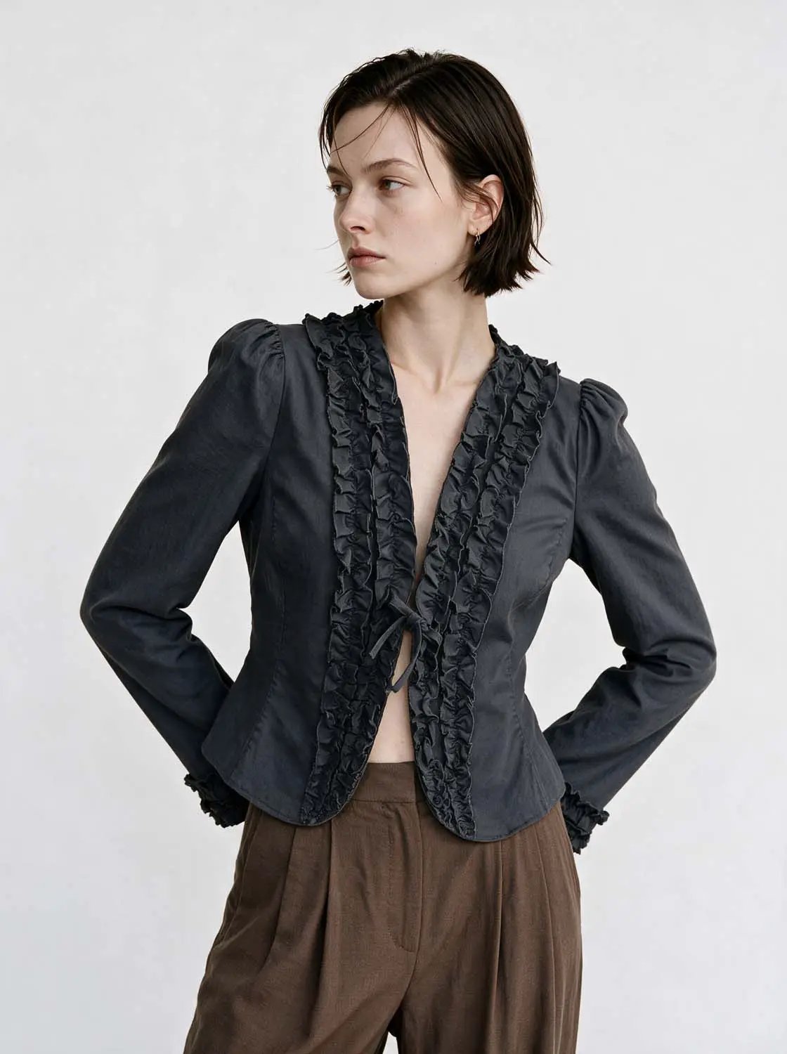 Ruffled Cotton V-neck Tie Front Long Sleeve Jacket