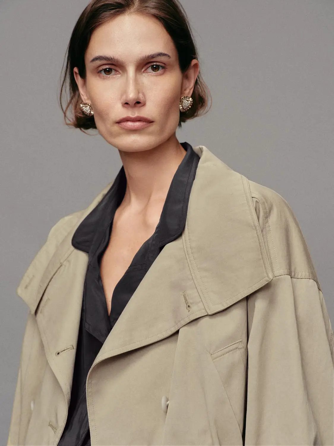 Double-Breasted Wide Collar Cotton Blend Long Sleeve Jacket