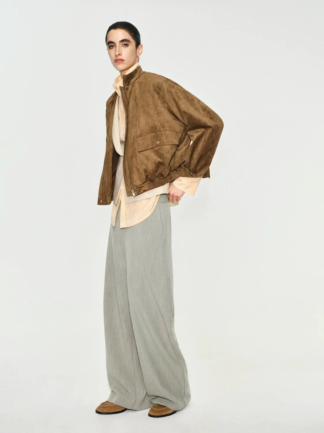 Snap Button Elasticated Hem Stand Collar Long Sleeve Jacket