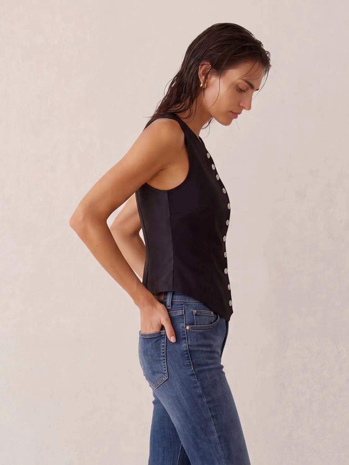 Fitted Asymmetric Button Front Sleeveless Vest