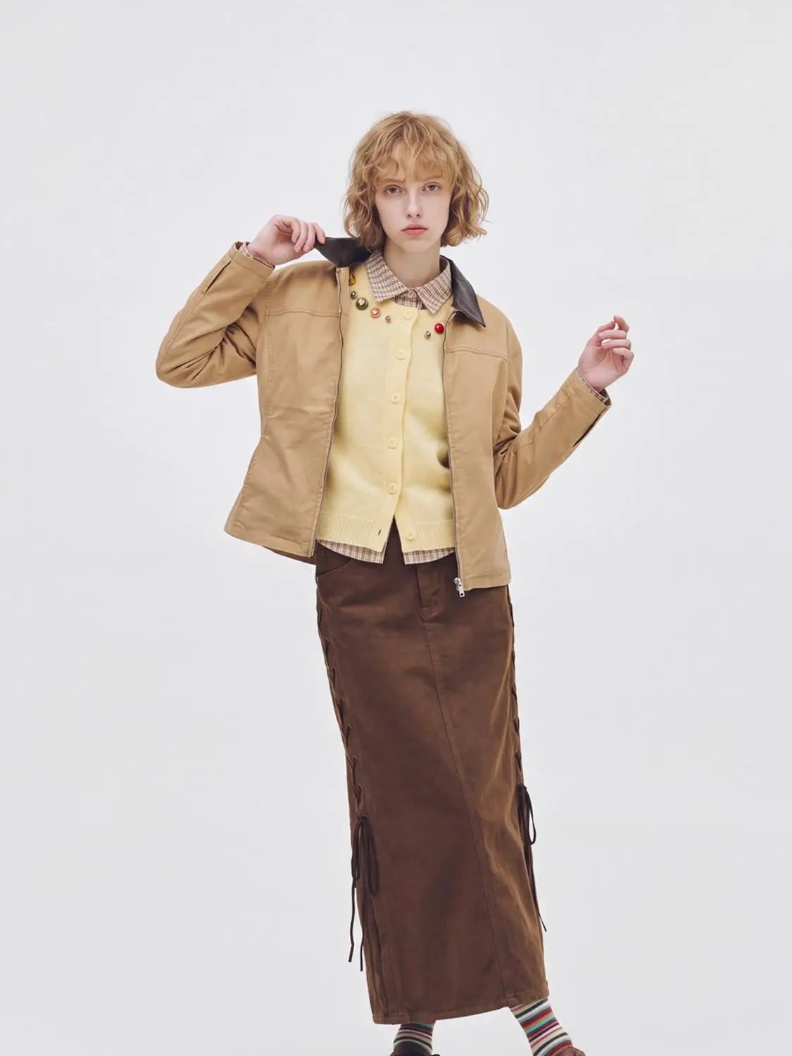 Tan Contrast Collar Cotton Blend Long Sleeve Jacket