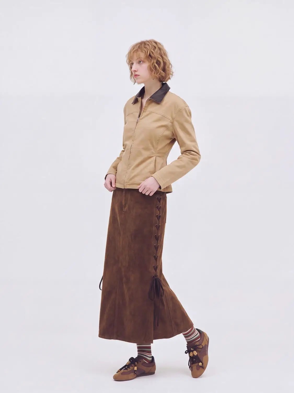 Tan Contrast Collar Cotton Blend Long Sleeve Jacket