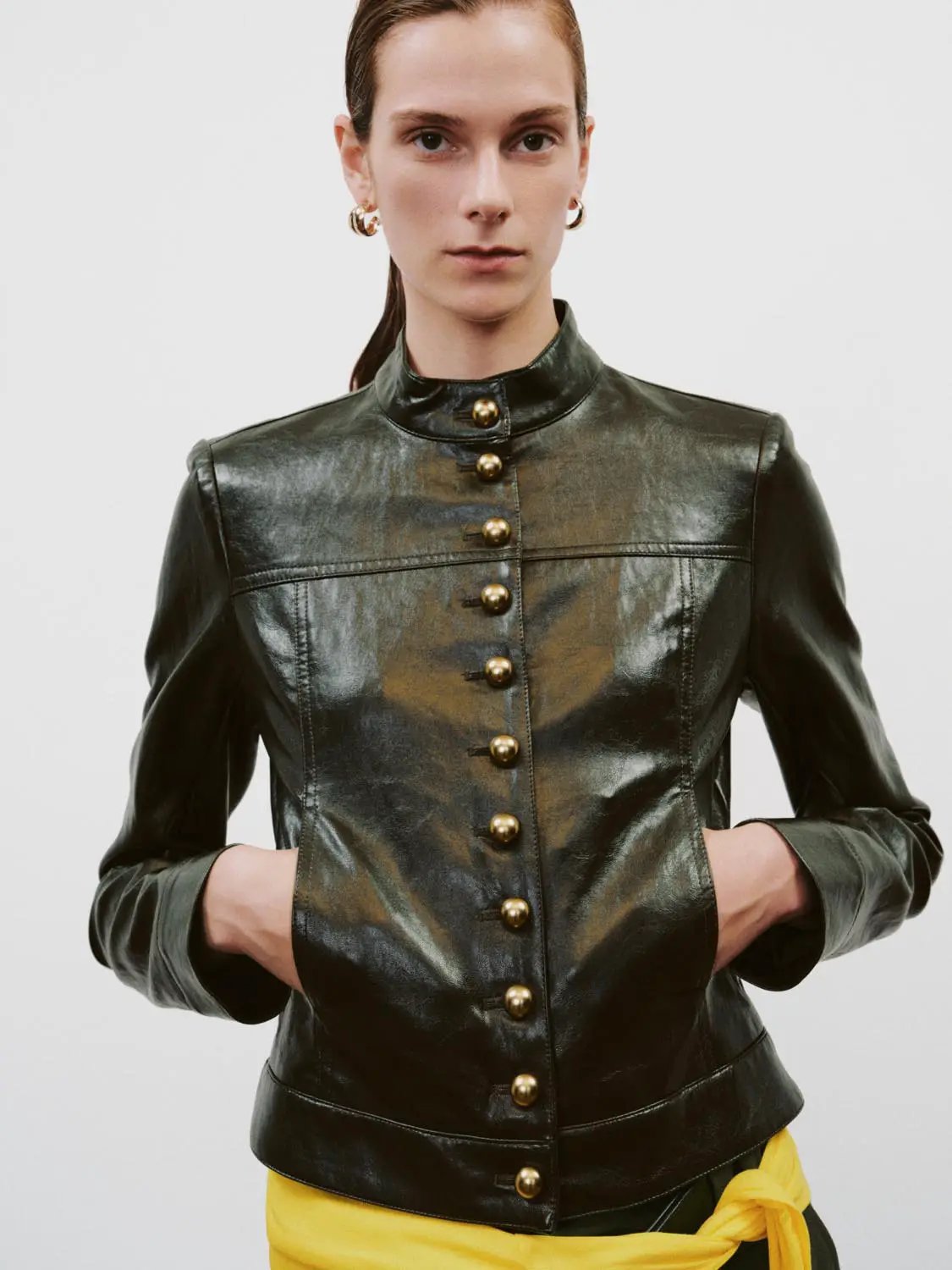 Fitted Single Breasted Gold Button Front Long Sleeve Jacket