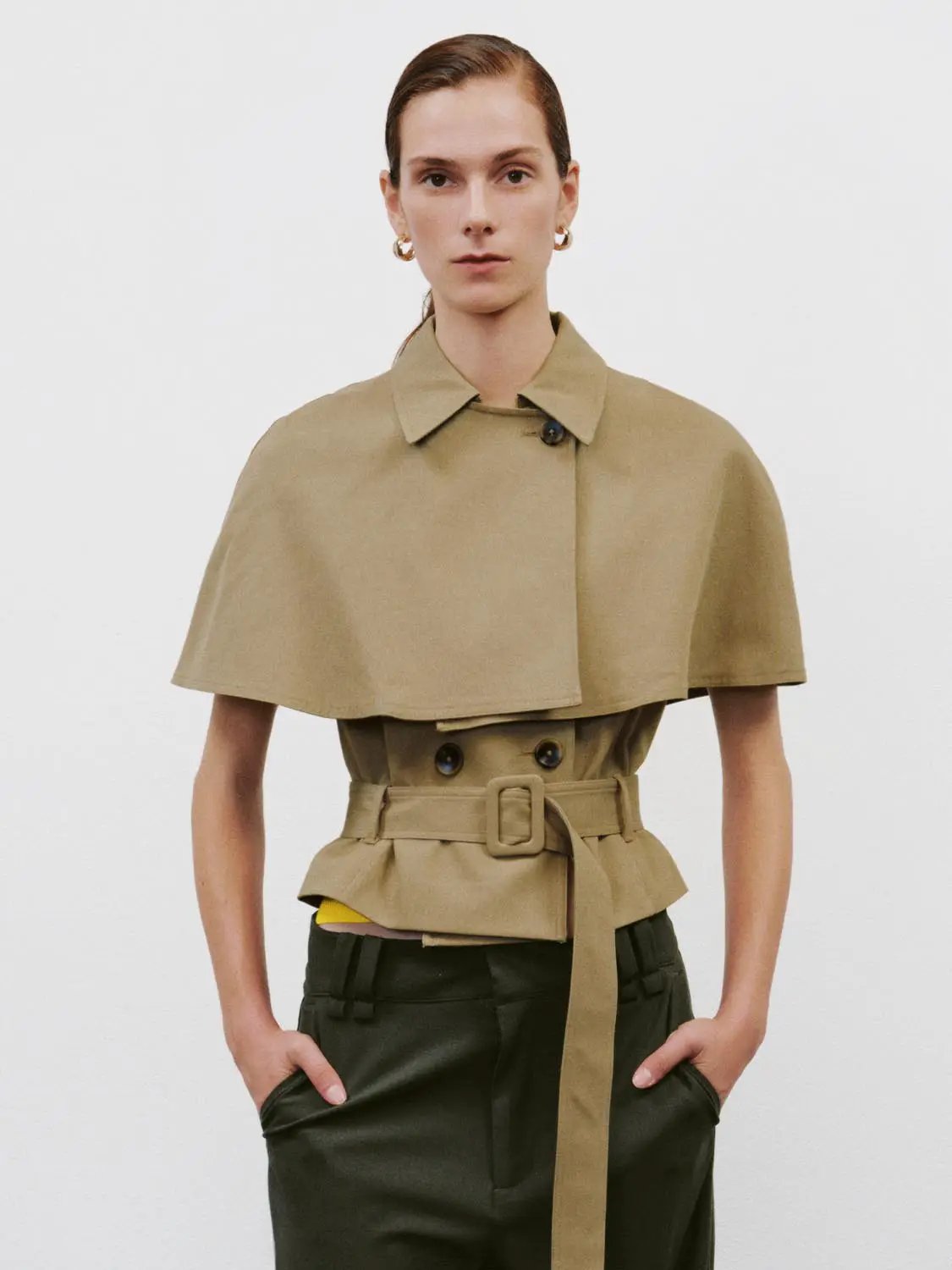 Belted Asymmetric Stand Collar Cape Cotton Coat