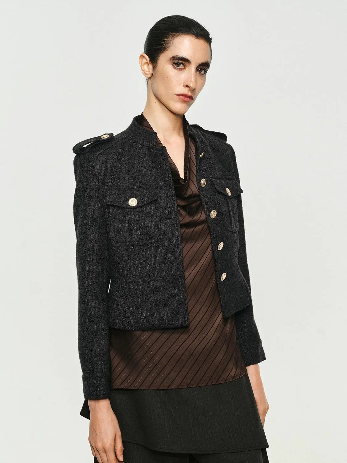 Epaulettes Button Front Flared Hem Stand Collar Jacket