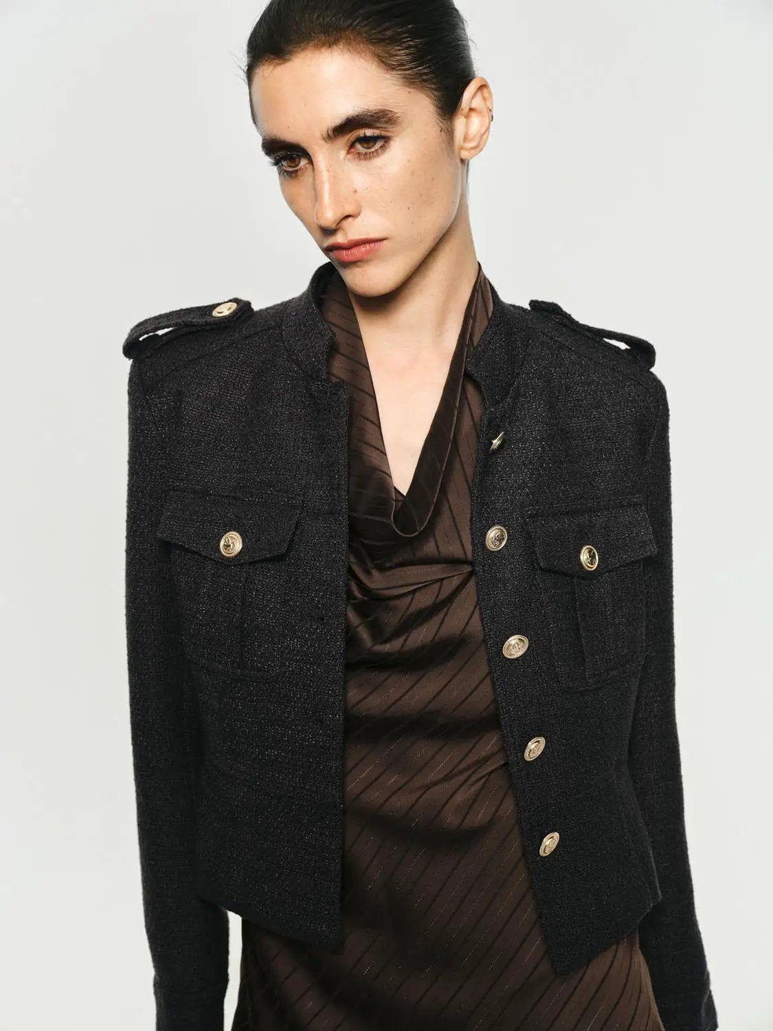 Epaulettes Button Front Flared Hem Stand Collar Jacket