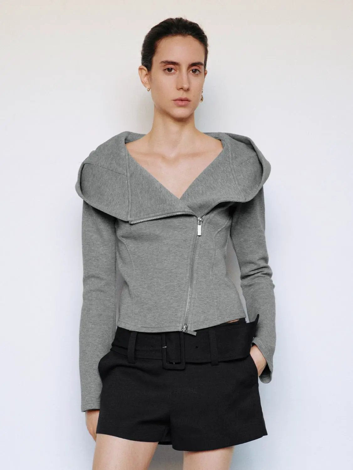 Fitted Asymmetric Zip Long Sleeve Cotton Blend Hooded Jacket