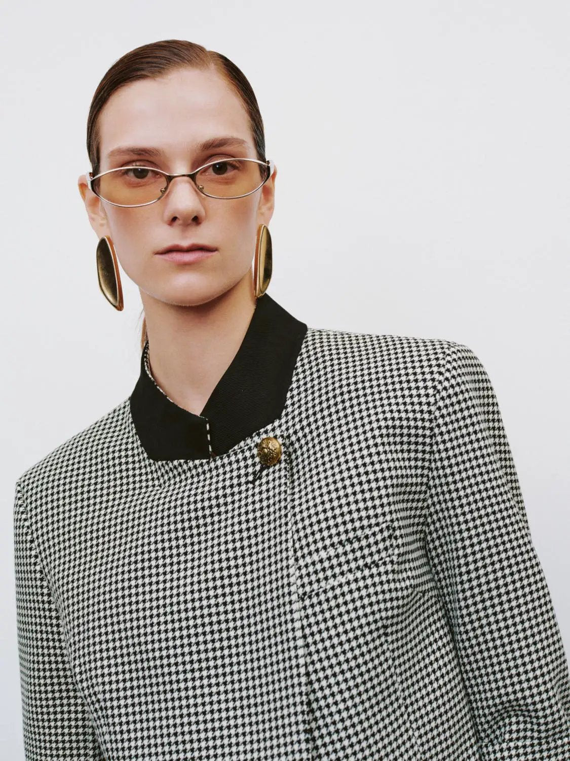 Fitted Checked Long Sleeve Black Collar Jacket