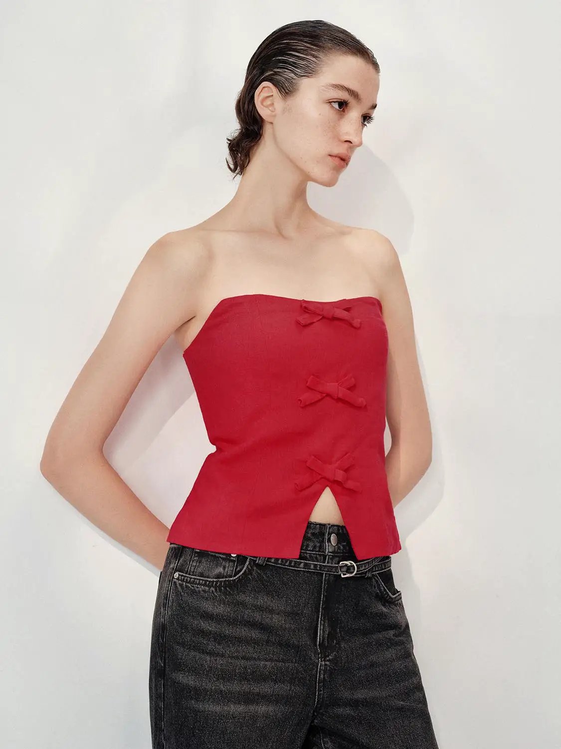 Strapless Tube Top Slit Hem Bow Decor Linen Tank Top