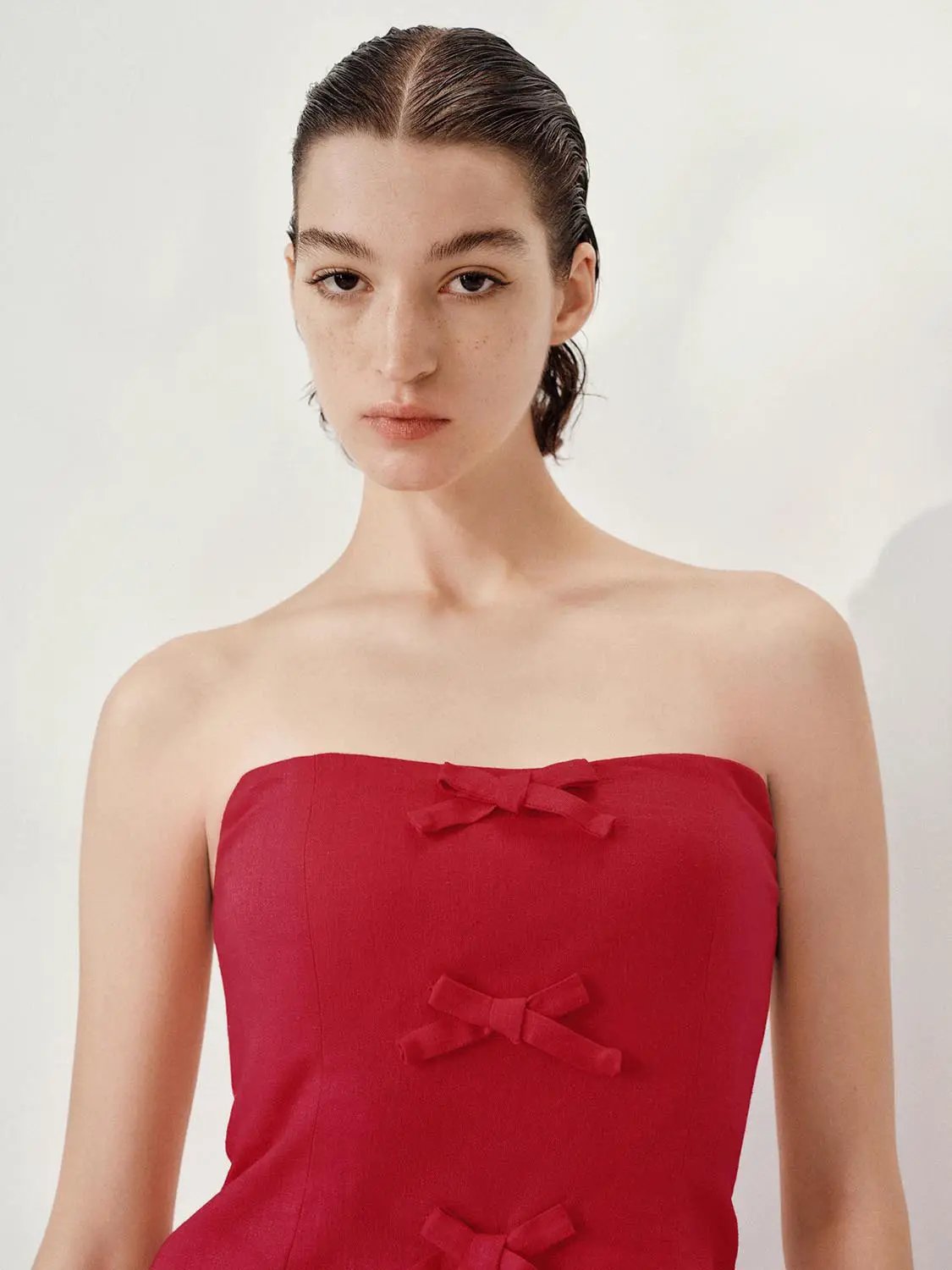 Strapless Tube Top Slit Hem Bow Decor Linen Tank Top