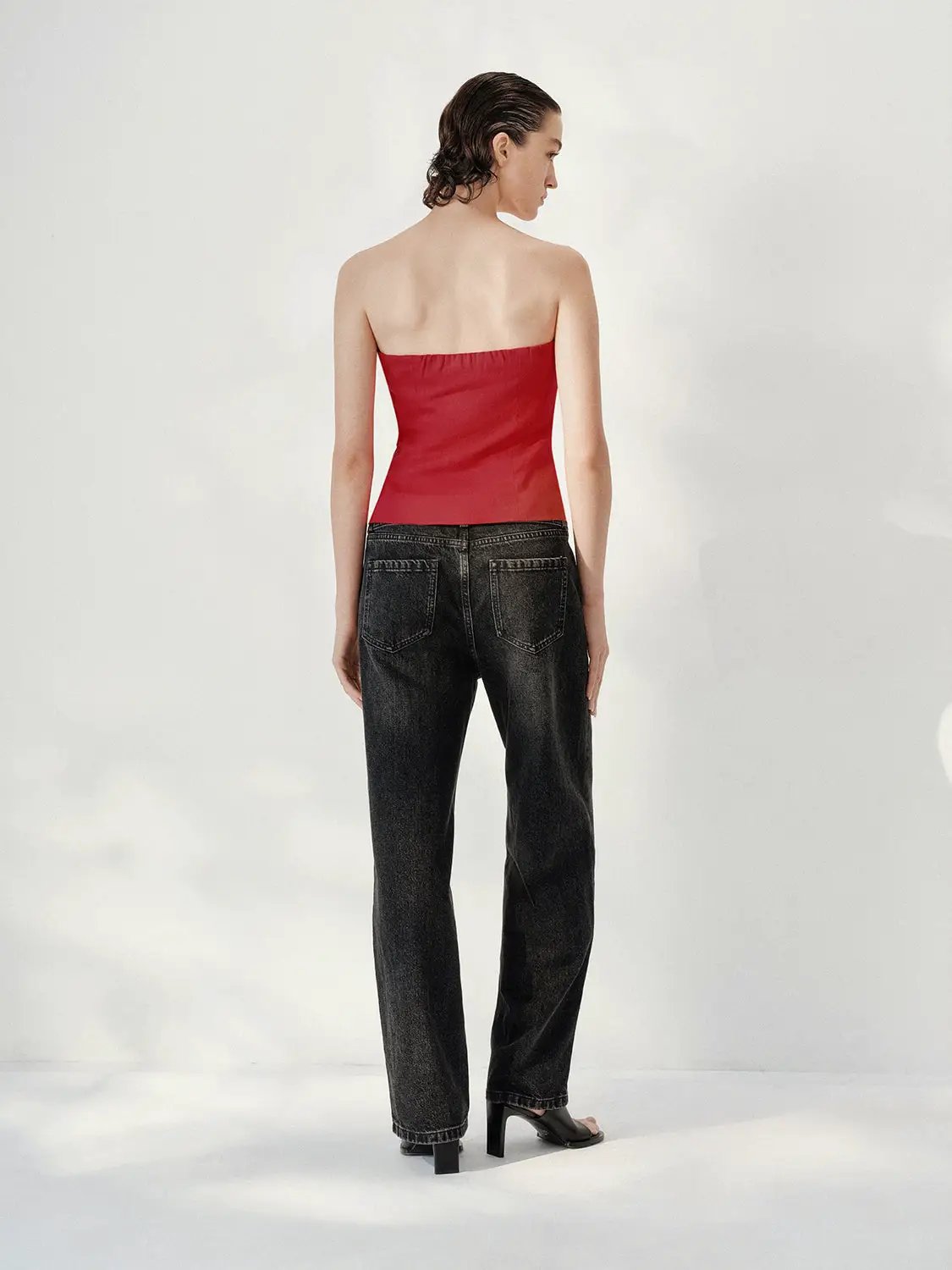 Strapless Tube Top Slit Hem Bow Decor Linen Tank Top