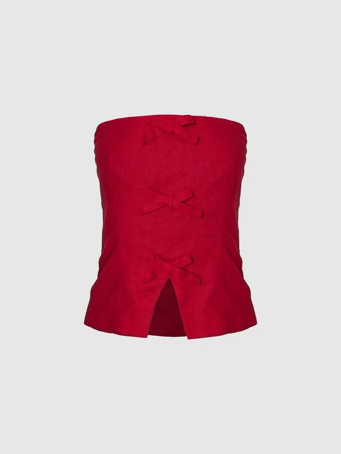 Strapless Tube Top Slit Hem Bow Decor Linen Tank Top