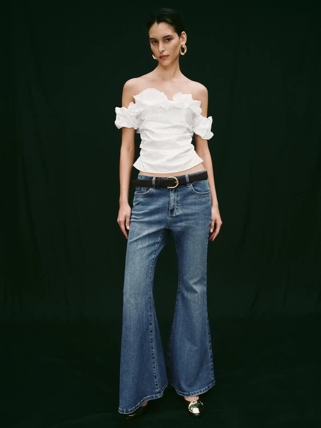 Ruffle Off Shoulder Embroidered Crop Top
