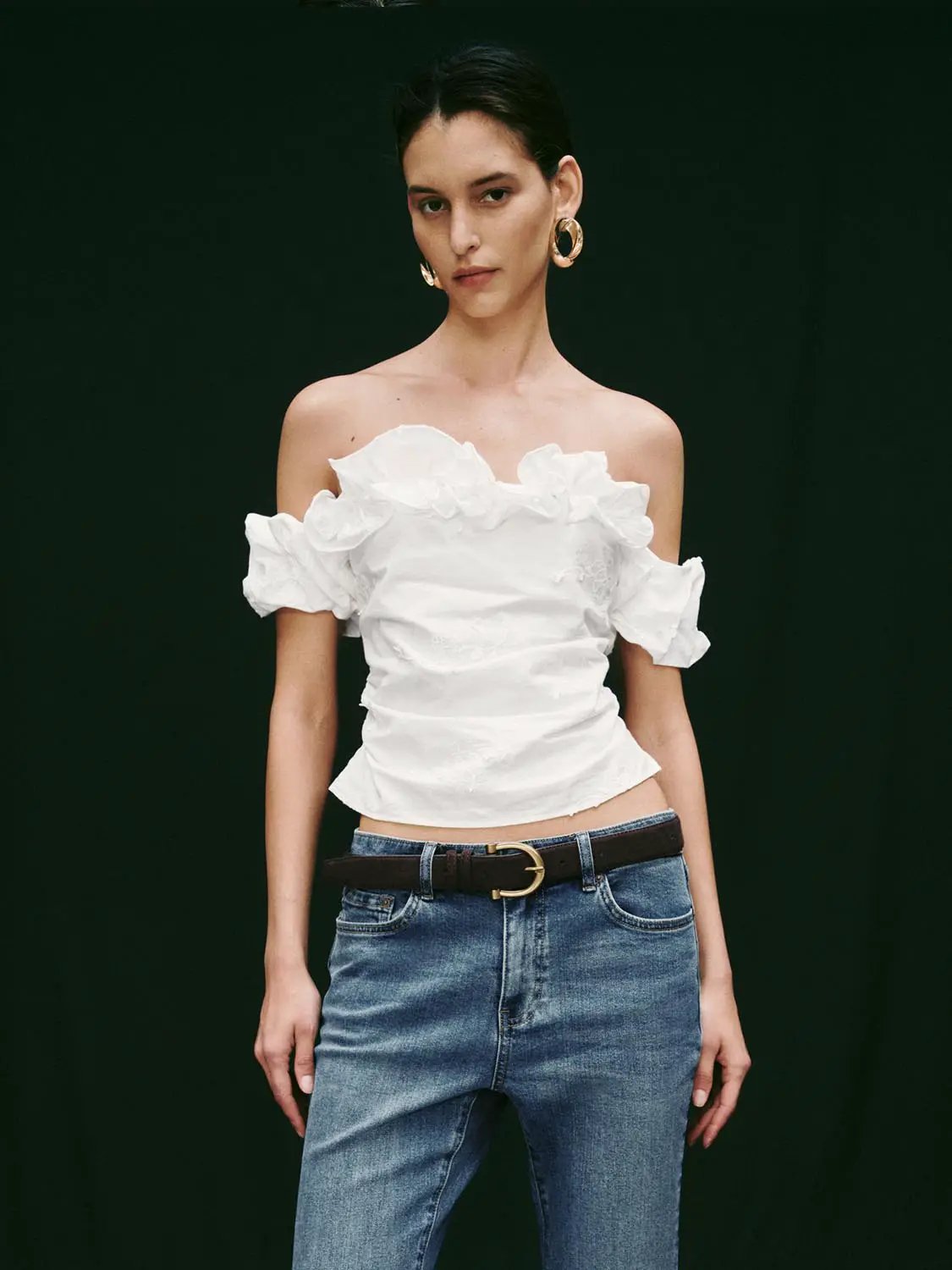 Ruffle Off Shoulder Embroidered Crop Top