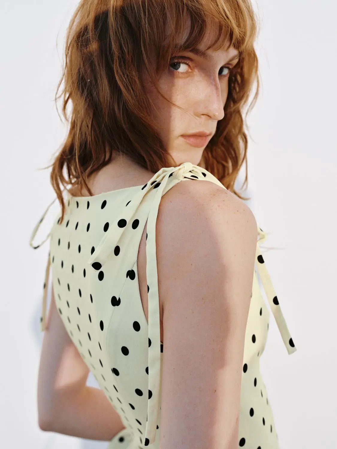 Square Neck Tie Strap Polka Dot Ruffle Hem Slim Fit Cami Top
