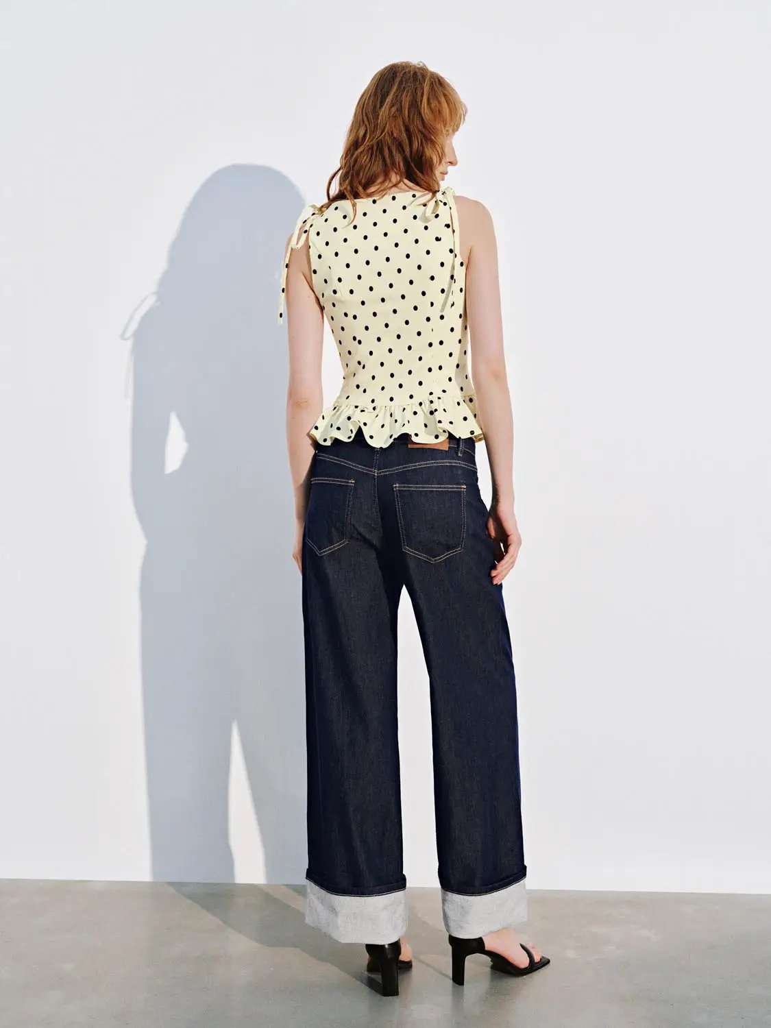 Square Neck Tie Strap Polka Dot Ruffle Hem Slim Fit Cami Top