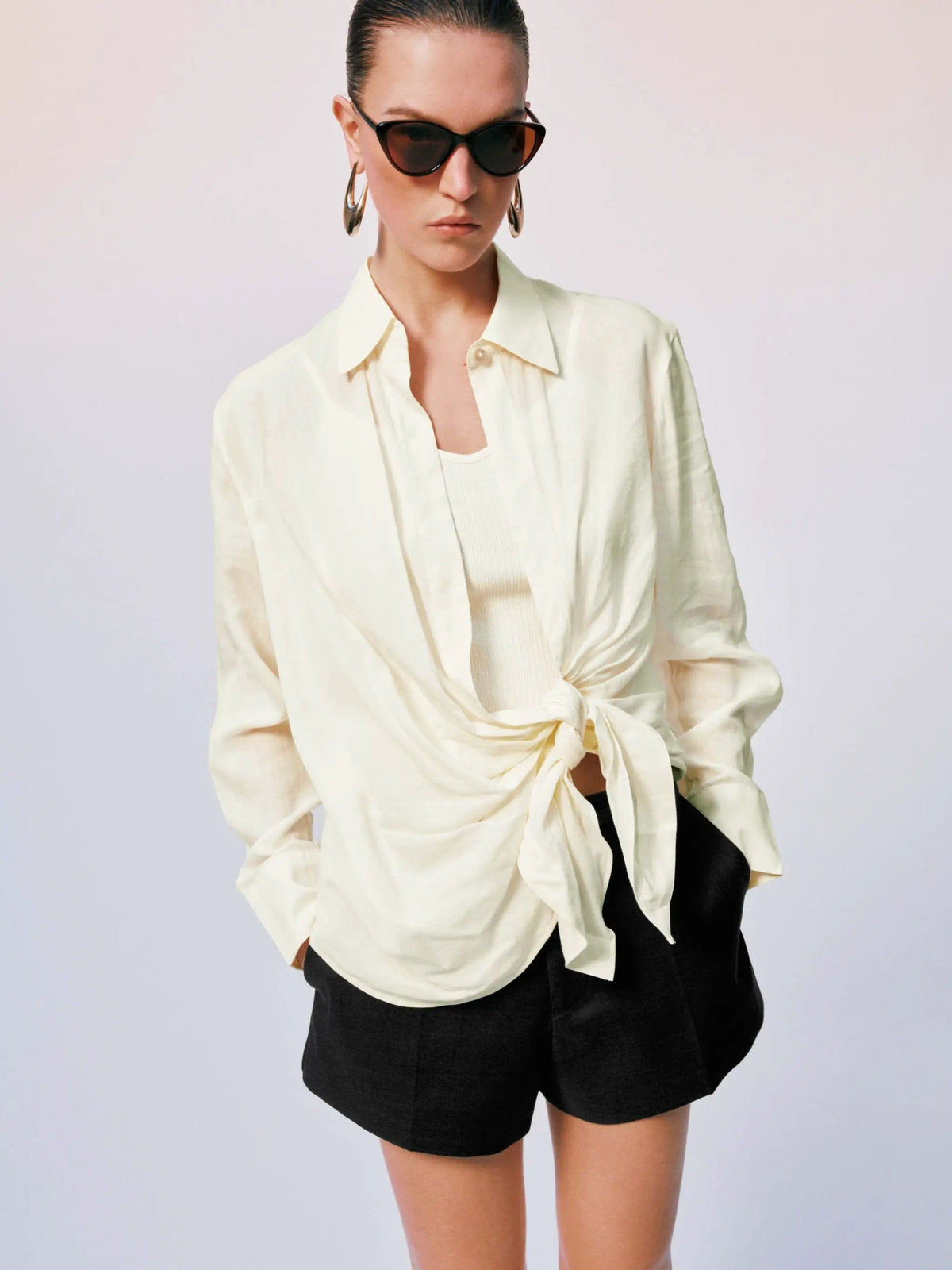 Knot Front Silk Shirred Asymmetric Shirt