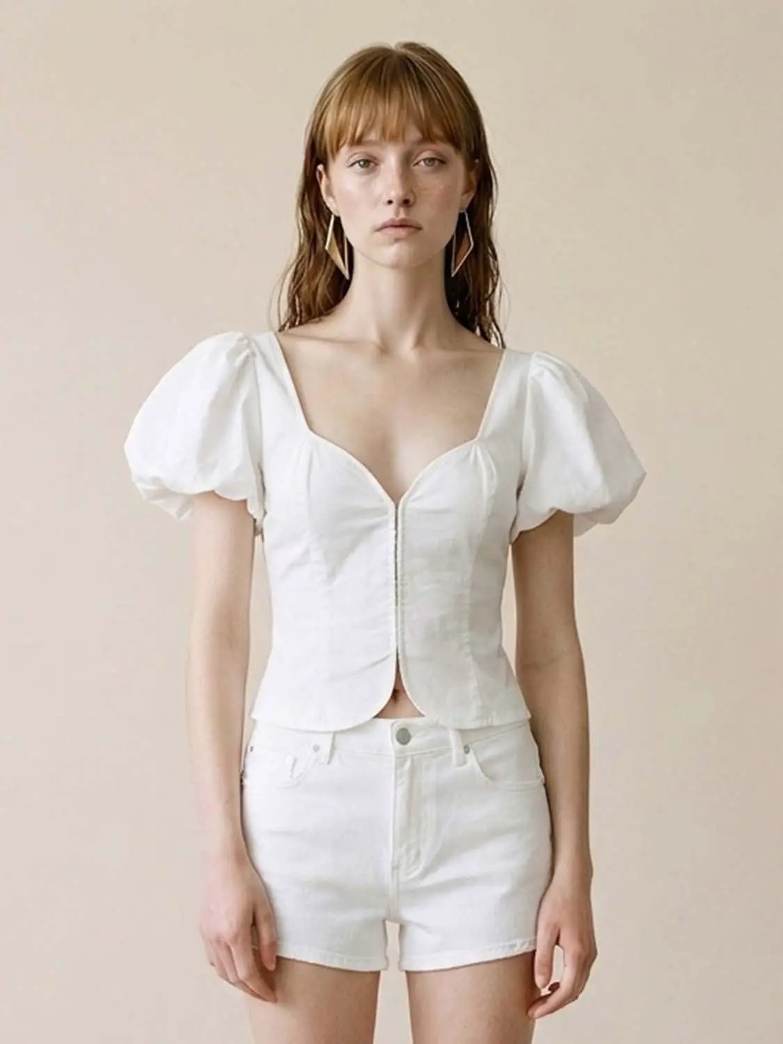 Delicate Puff Short Sleeve Front Zip Shirt