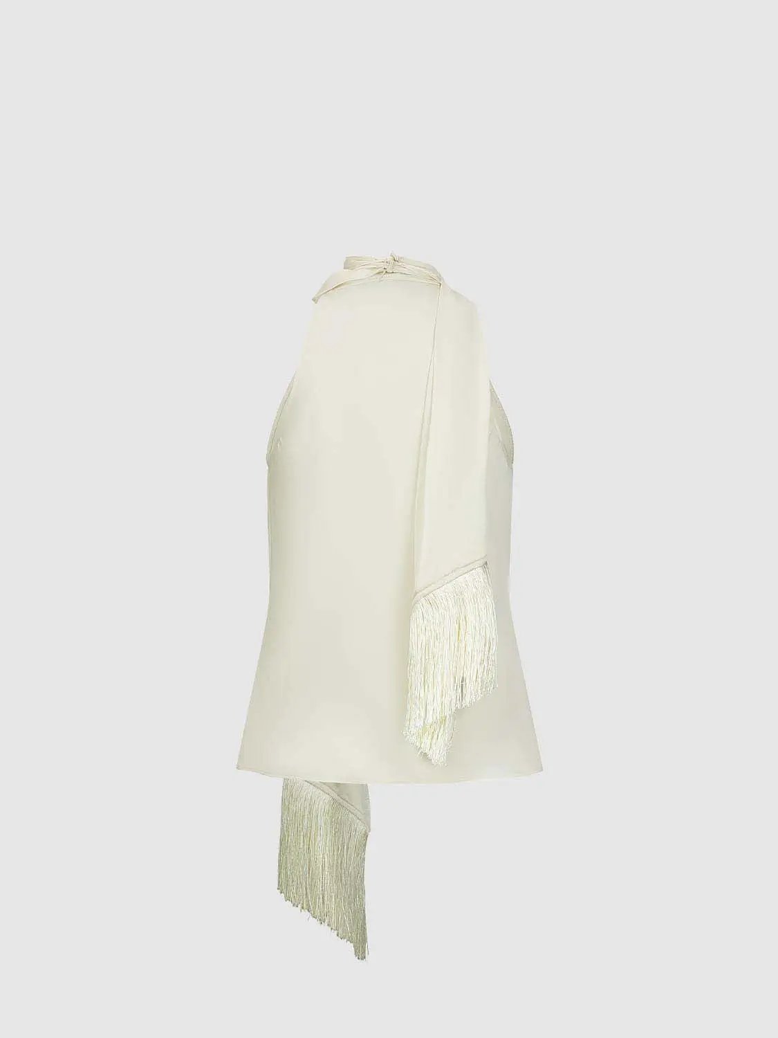 Slim Halter Cowl Neck Tassel Scarf Decor Sleeveless Blouse