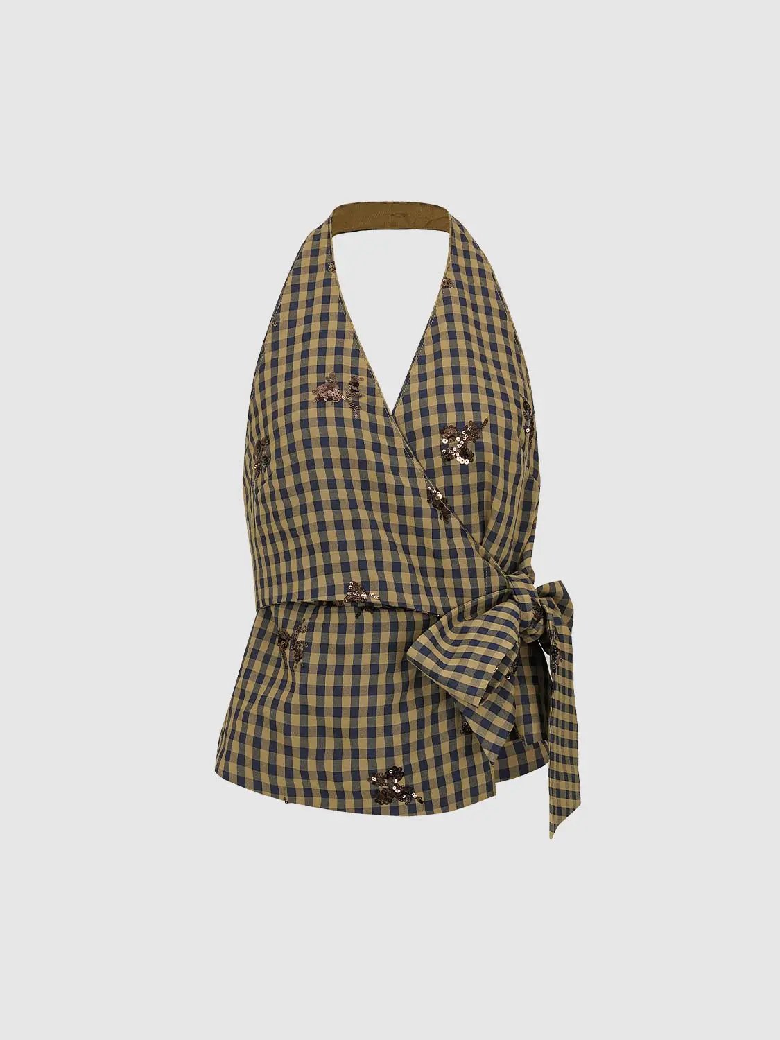 Checked Floral Wrap Halter Sleeveless Shirt