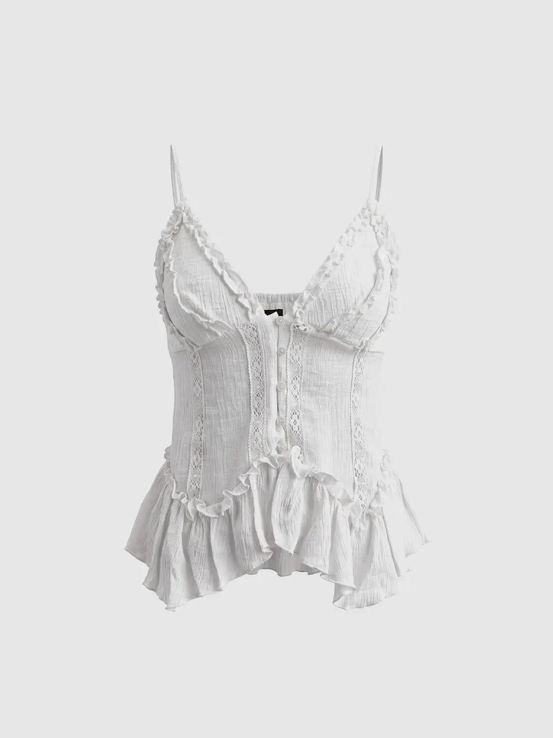 Ruffled Lace V-Neck Button Front Sleeveless Cami Top