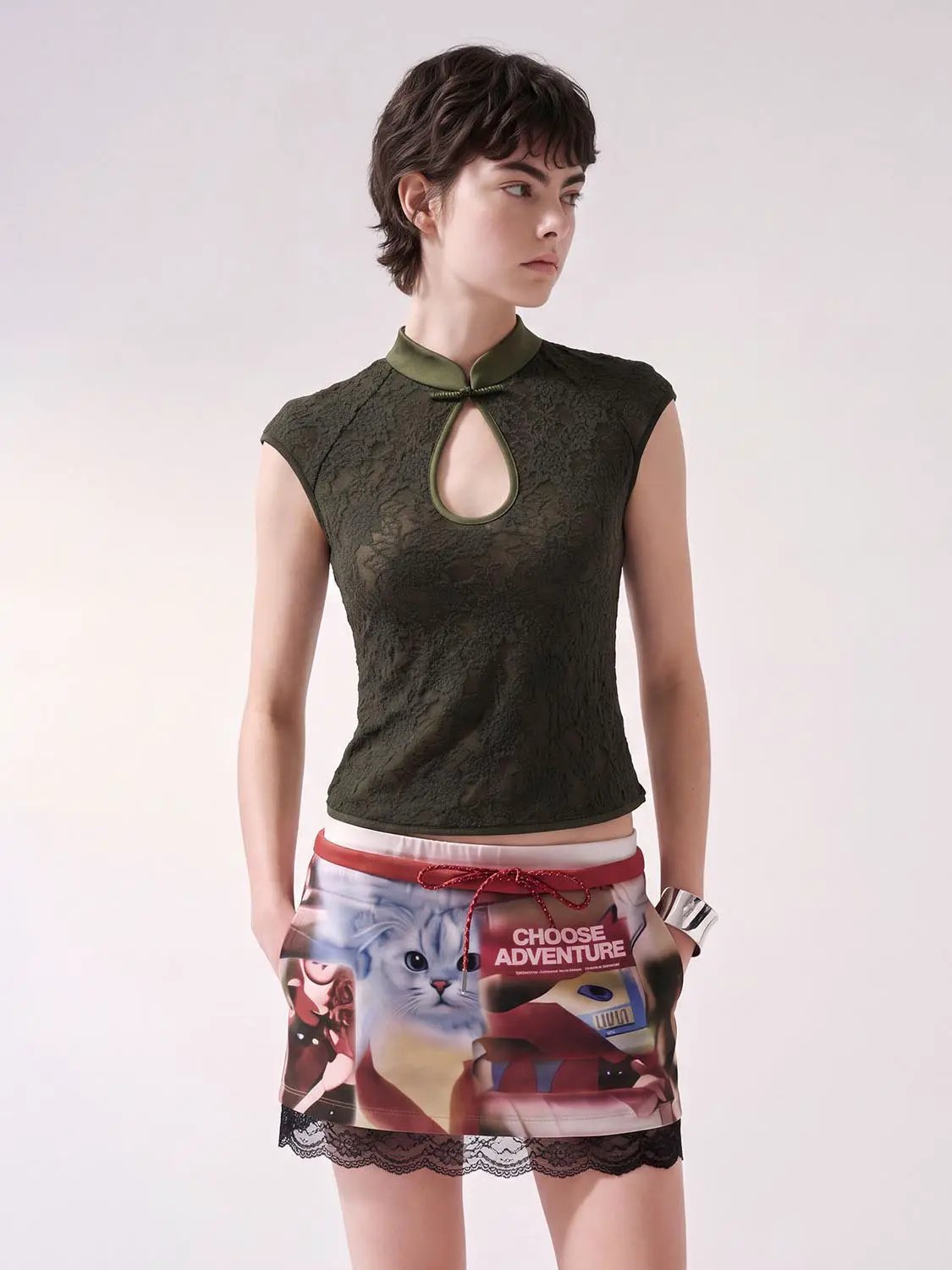 Mandarin Collar Keyhole Lace Short Sleeve Blouse
